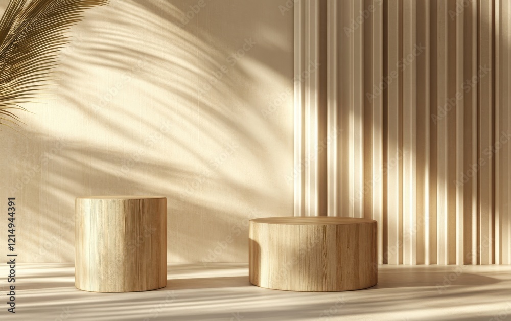 Abstract minimal background with wooden cylinder podiums for product presentation on a soft beige background. Abstract minimal background with wooden cylinder podiums for product presentation on a soft beige background.