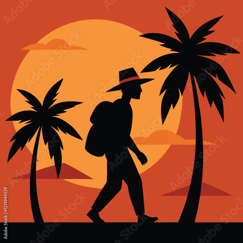 A silhouette of a traveler walking with a backpack under palm trees with a sunset background