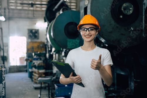 portrait professional women worker in heavy metal industry factory thumbs up good welfare working