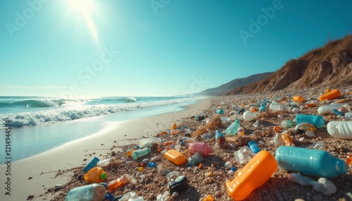 Plastic waste pollutes the beach
