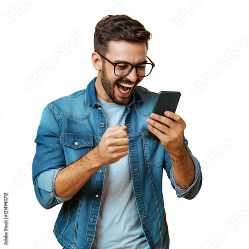A happy man, wearing glasses and a blue shirt, excited, on a transparent backgrounds