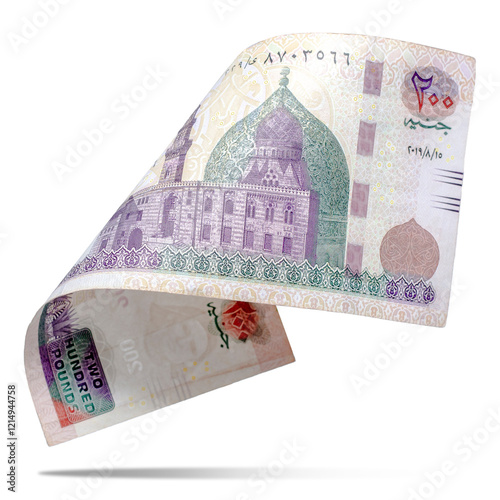 Egyptian 200LE Banknotes Flying on a White Background, Financial and Economic Concept