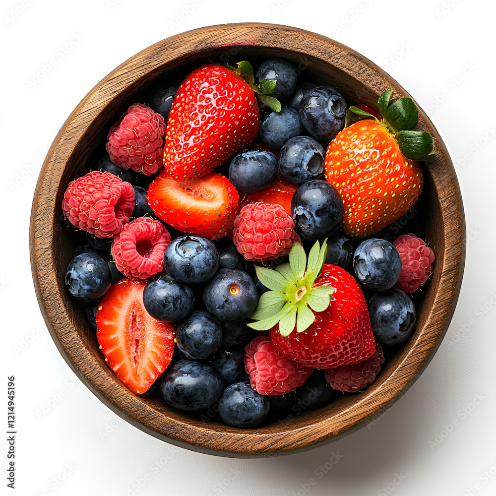 Obraz premium A wooden bowl filled with a mix of fresh strawberries, raspberries, and blueberries.