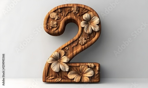 Carved wooden number two, floral design, studio, white background, anniversary photo