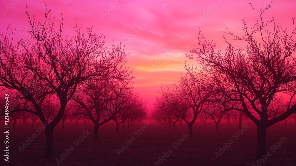 Enigmatic Orchard Silhouettes in Fiery Pink Dusk Sky - Cinematic Ultra-Detailed Image of Glowing Red Petals Enigmatic Orchard Silhouettes in Fiery Pink Dusk Sky - Cinematic Ultra-Detailed Image of Glowing Red Petals