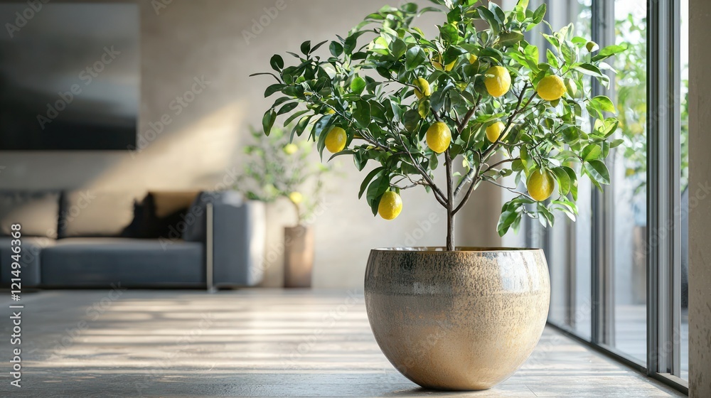 Fototapeta premium Indoor lemon tree in a large ceramic pot.