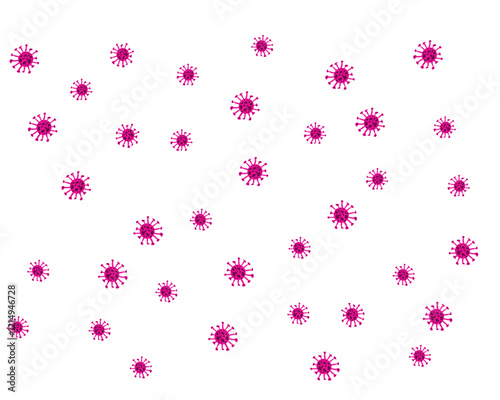 Pattern of pink virus particles scattered across a white background. Perfect for illustrating concepts of infection, contamination, or disease transmission