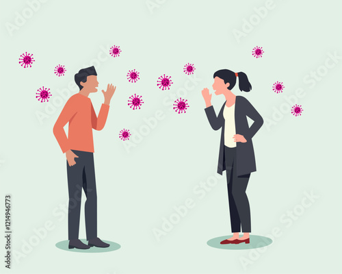 Illustration of two people interacting with a virus spread concept, featuring colorful virus particles floating between them. Perfect for medical themes