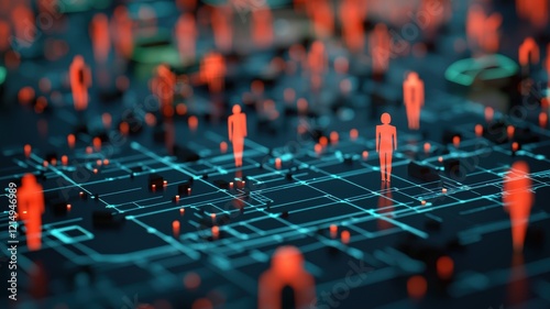 Location Intelligence concept. Digital human figures illuminated in red against a grid-like network background.