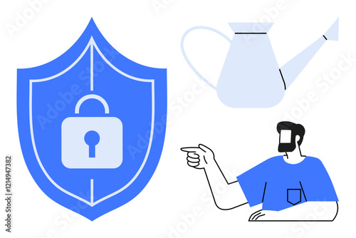 Guarded shield with lock, a watering can, and man pointing. Ideal for security, growth, direction, guidance, protection care and interaction themes. Blue and white flat minimalist abstract line