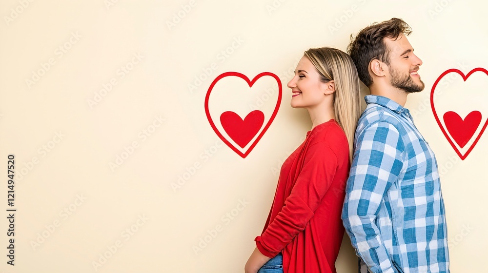 Couple Standing Back to Back with Heart Graphics Couple Standing Back to Back with Heart Graphics