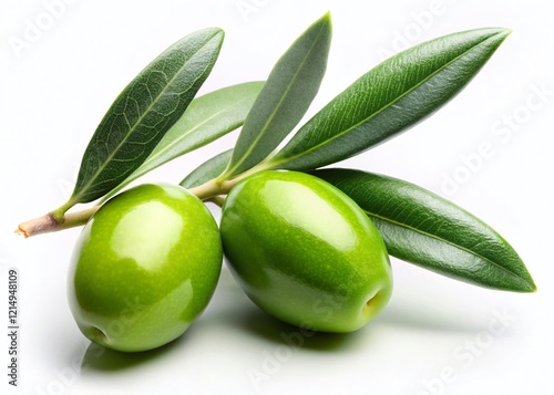 Wallpaper Mural Fresh Green Olives on Branch with Leaves - Isolated White Background Stock Photo Torontodigital.ca