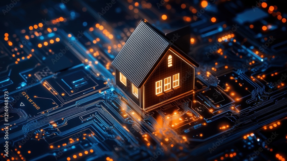 A digital representation of a house on a glowing circuit board illustrates the fusion of smart technology and modern living, showcasing the evolution of home automation. A digital representation of a house on a glowing circuit board illustrates the fusion of smart technology and modern living, showcasing the evolution of home automation.