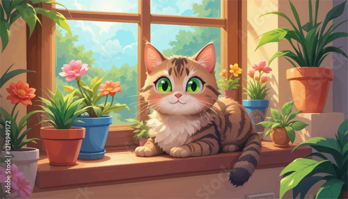 A whimsical tabby cat with bright green eyes lounging on a sunny windowsill surrounded by colorful potted plants, illustrated in vibrant vector style.