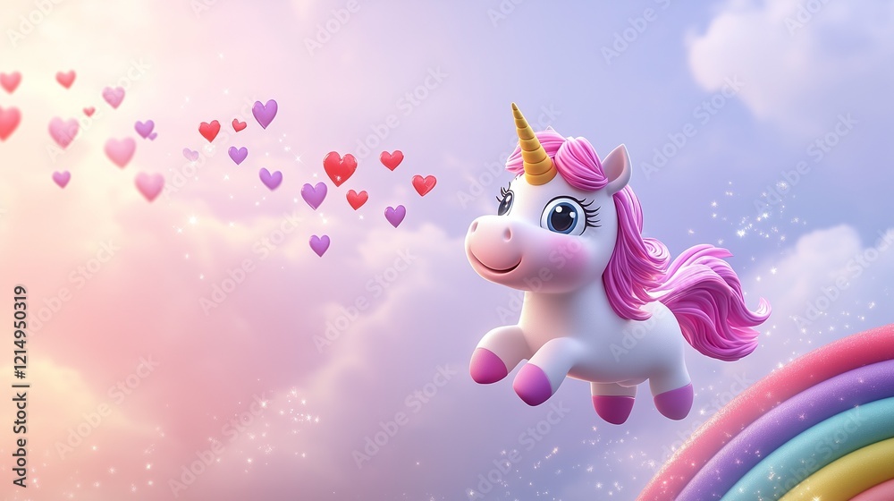 Naklejka premium A 3D cartoon unicorn flying over a rainbow, leaving a trail of heart-shaped sparkles in the sky.