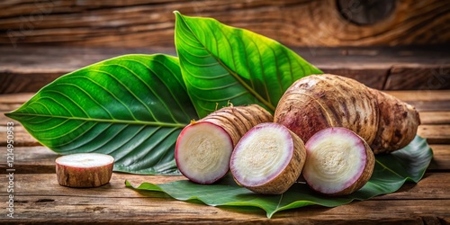 Fresh Organic Taro Root: Panoramic View of Raw Taro on Wooden Background