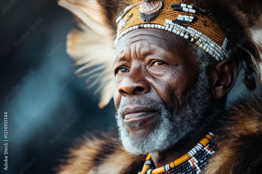 A hyper-realistic portrait of a Zulu warrior, showing intricate details of their traditional attire, facial expressions, and beadwork under soft natural lighting