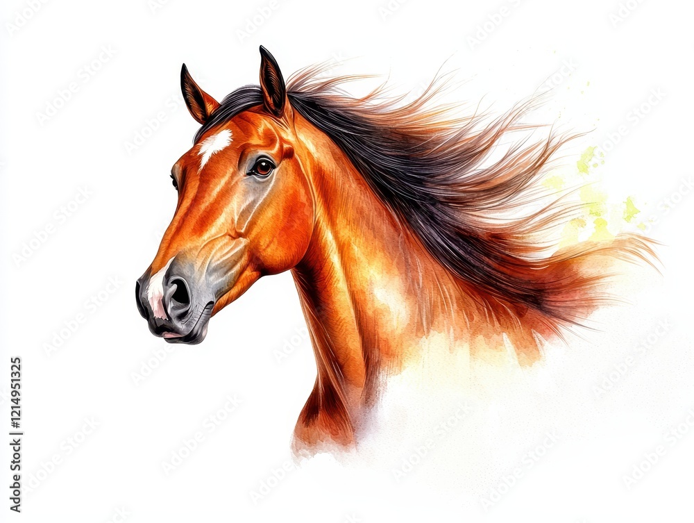A beautifully illustrated brown horse with flowing mane, showcasing elegance and grace in a dynamic pose against a soft background. A beautifully illustrated brown horse with flowing mane, showcasing elegance and grace in a dynamic pose against a soft background.