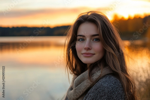 Generative AI Portrait of Person Traveler Enjoying Sunset on Beach during Summer Vacation