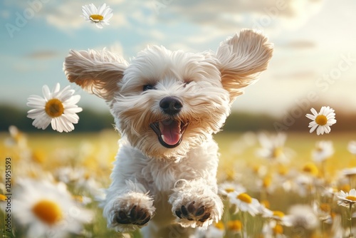 A joyful scene of a puppy playing in a field of daisies, its ears flopping as it bounds happily photo