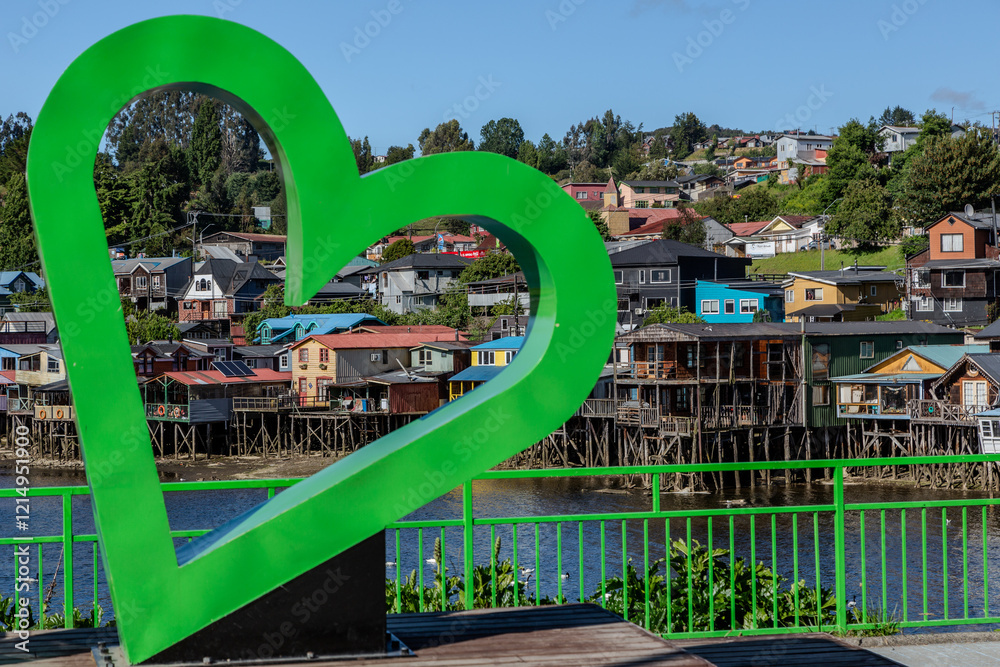 Panoramic view of stilt houses in Castro, Chiloé island Panoramic view of stilt houses in Castro, Chiloé island