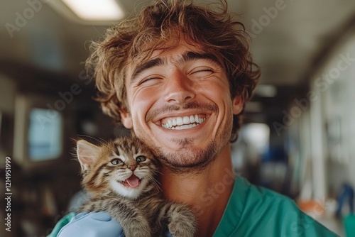 A joyful young man enjoys a moment with a cheerful kitten in a clinic. Generative AI photo