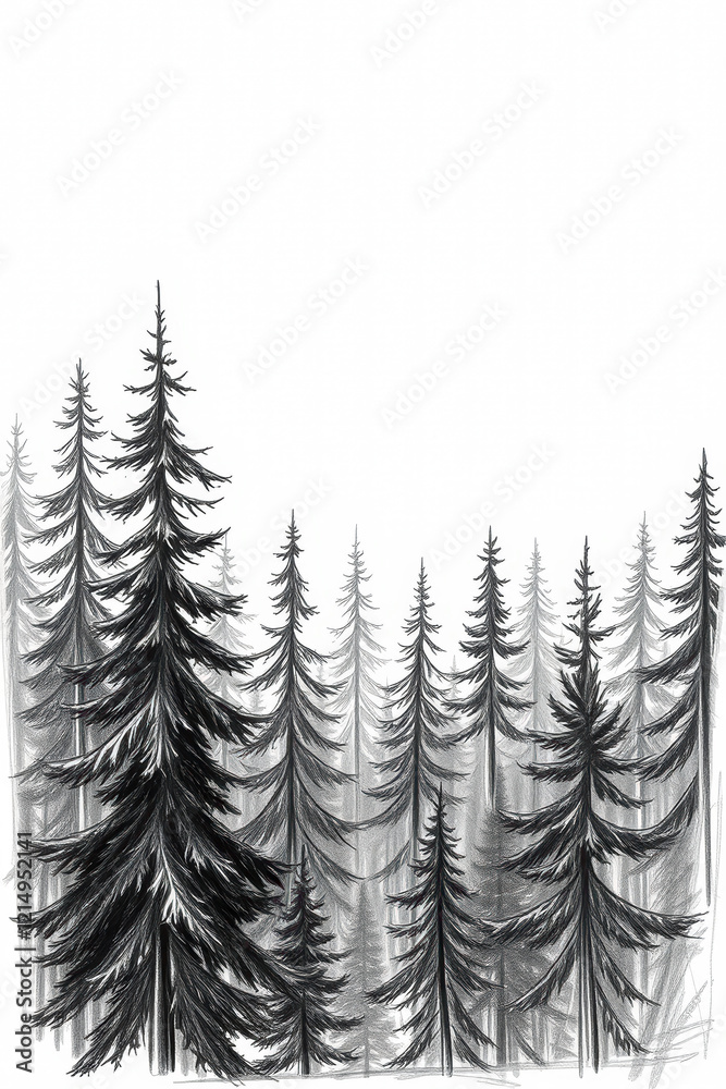 Fototapeta premium Black and white trees in a forest of old spruce, fir and pine. AI Generated.