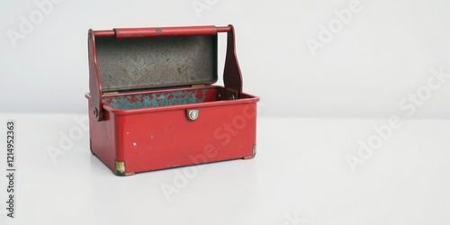 A small red toolbox with a rusted lid is positioned on a white surface showing its worn exterior, red toolbox, rusty lid