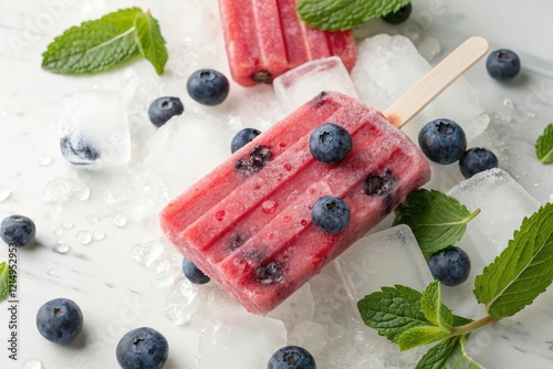 A refreshing watermelon popsicle with blueberries and mint leaves on a bed of ice, herbal flavors, cooling desserts, summertreats, greenery, mint leaves photo