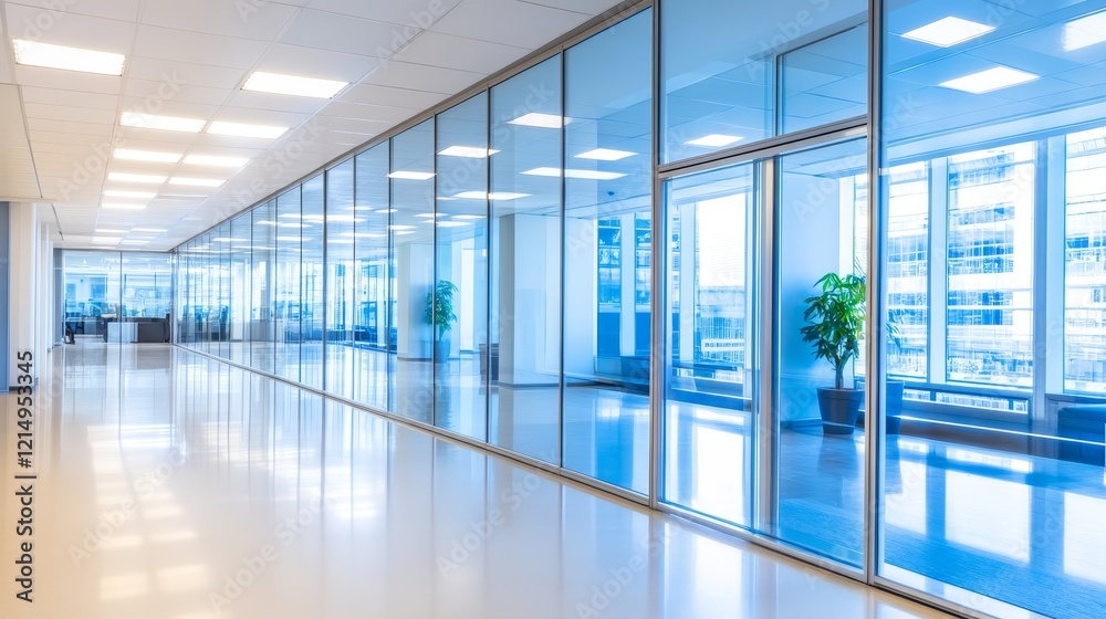 Fototapeta premium Modern office corridor with glass walls, bright lighting, and plants, showcasing a professional environment