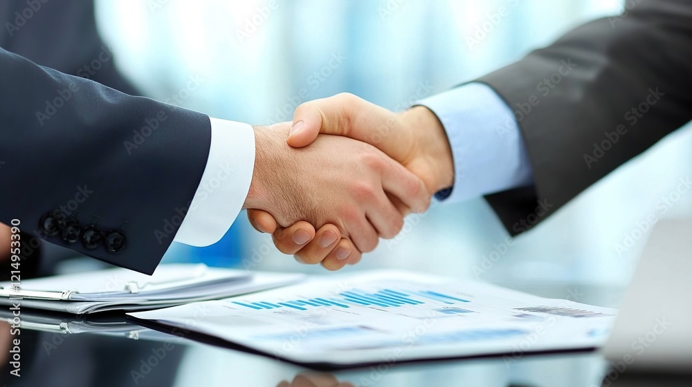 Midsection of businessmen shaking hands over table in office Midsection of businessmen shaking hands over table in office