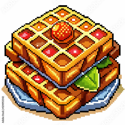 Pixel Art Waffles with Strawberry and Mint Leaves on Plate