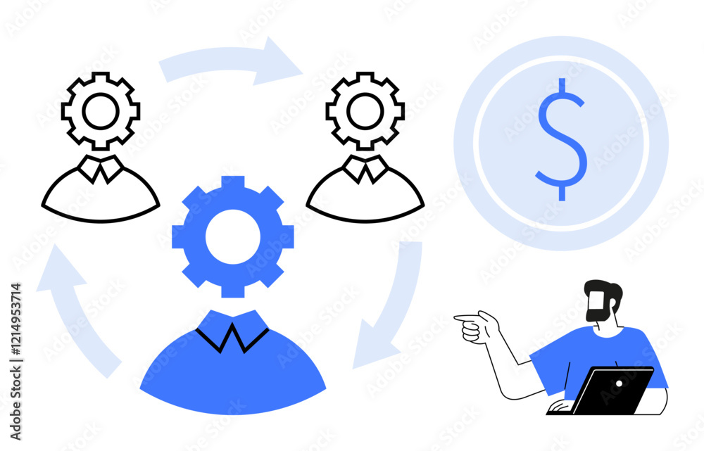 Business team represented as gear-headed figures, interconnecting through arrows. Professional discussing strategy on laptop. Ideal for teamwork, strategy, business growth, finance, collaboration Business team represented as gear-headed figures, interconnecting through arrows. Professional discussing strategy on laptop. Ideal for teamwork, strategy, business growth, finance, collaboration