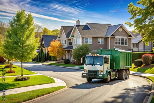 A recycling truck drives through a suburban neighborhood with houses and trees around it, recycling truck, community clean up, green living, eco friendly