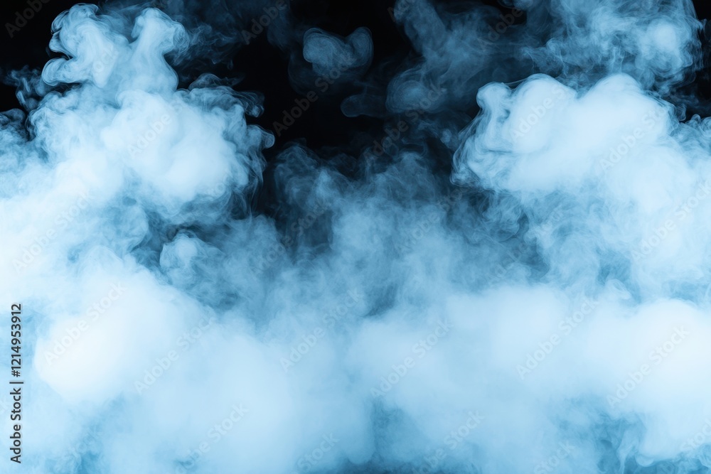 Naklejka premium A dense, swirling mist of blue smoke against a dark background, creating an atmospheric and mysterious feel.
