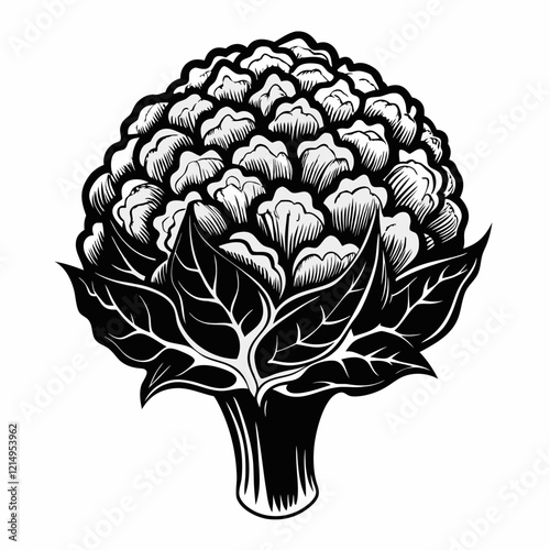 Vintage illustration of cauliflower with intricate black and white detailing