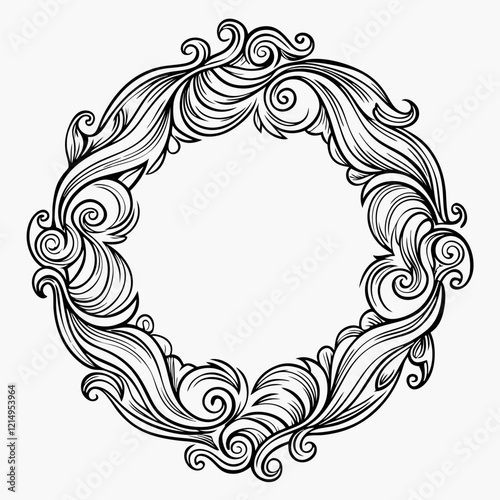 Elegant circular floral frame with intricate swirling patterns in monochrome design