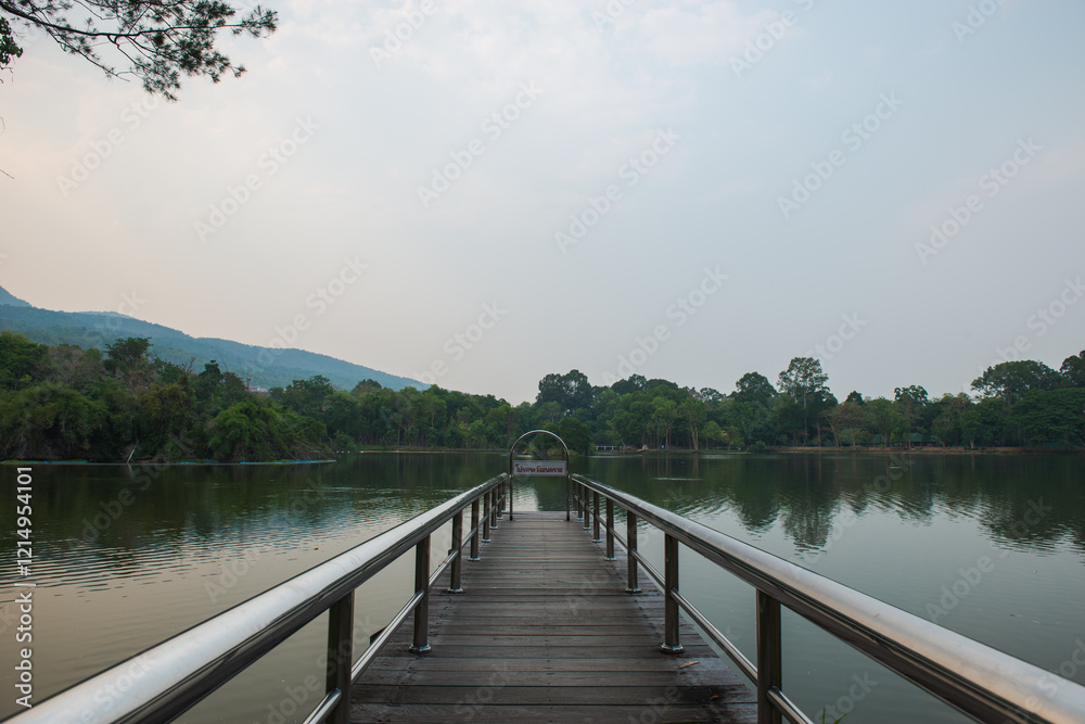 wooden bridge into lake, Angkaew Reservoir wooden bridge into lake, Angkaew Reservoir