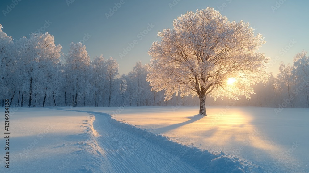 Frosty sunrise, winter path, snowy forest, idyllic scene Frosty sunrise, winter path, snowy forest, idyllic scene