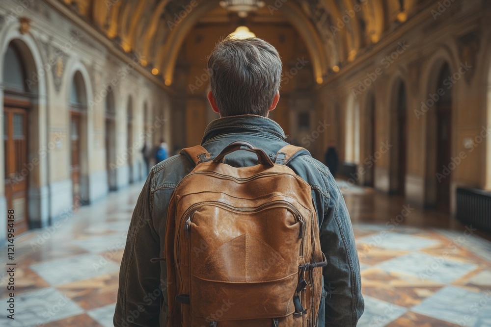 Fototapeta premium A traveler stands still, admiring the ornate details of a grand hallway. Generative AI