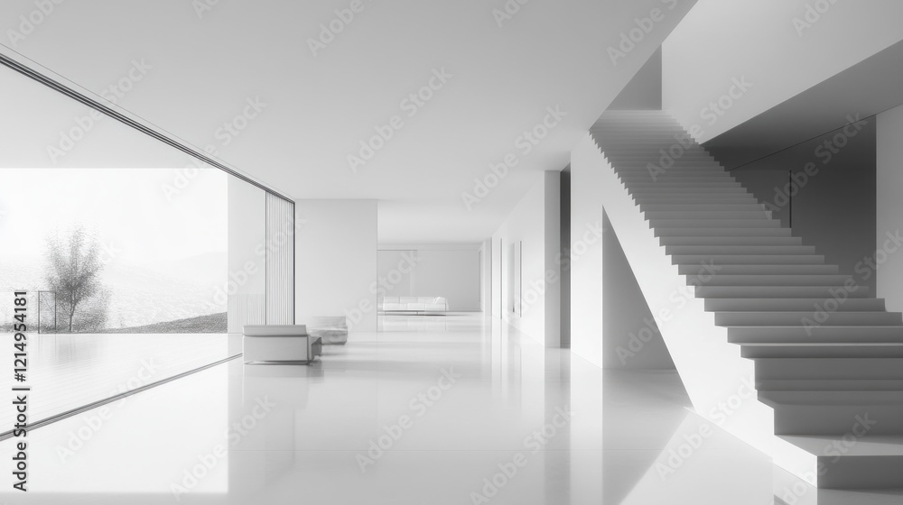 Fototapeta premium Modern Minimalist Interior with Staircase and Large Window
