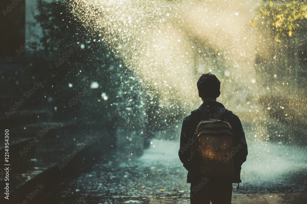 Obraz premium Individual stands still in the rain, surrounded by illuminated water droplets. Generative AI