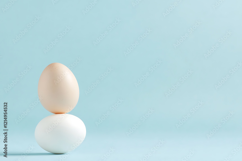 Minimalist composition of a brown egg balanced on a white egg against a soft blue background, exemplifying simplicity and balance in modern design. Minimalist composition of a brown egg balanced on a white egg against a soft blue background, exemplifying simplicity and balance in modern design.