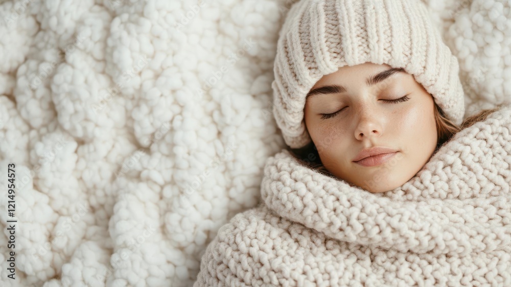 A sleeping adult surrounded by soft, cozy textures A sleeping adult surrounded by soft, cozy textures