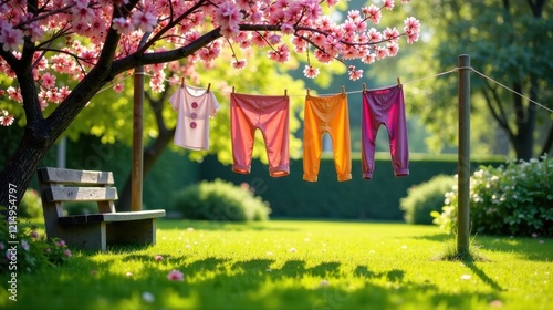 Infant apparel gently drying on a clothesline in a sunlit garden, near a rustic wooden bench under a blossoming tree.