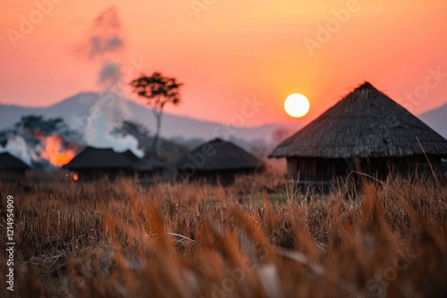 A peaceful Zulu village at dawn, with smoke rising from thatched huts and a pink sky glowing in the background
