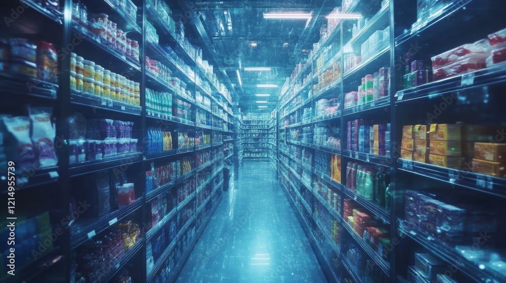 Digital binary code particles falling like snow inside a supermarket with shelves full of groceries creating a long aisle in a futuristic atmosphere Digital binary code particles falling like snow inside a supermarket with shelves full of groceries creating a long aisle in a futuristic atmosphere