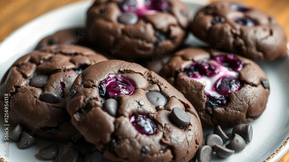 A plate of chewy chocolate cookies bursting with vibrant blueberry filling and chunks of crunchy chocolate chips, blueberry filled cookies, dessert explosion, sweet indulgence A plate of chewy chocolate cookies bursting with vibrant blueberry filling and chunks of crunchy chocolate chips, blueberry filled cookies, dessert explosion, sweet indulgence