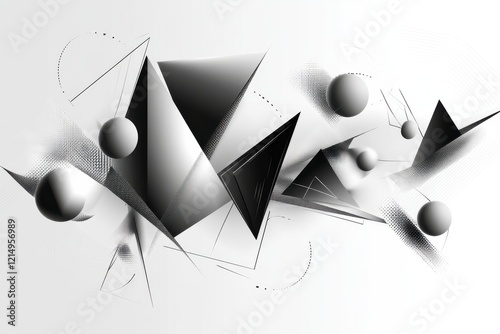 Abstract Black and White Geometric Design with Triangles and Circles Featuring Dynamic Lines and Shapes, Perfect for Modern Art and Creative Projects