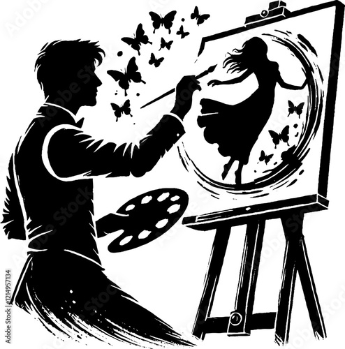 image of silhouettes of attributes and artists of art studio of fine art